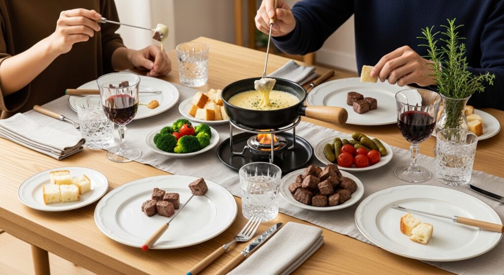 ステーキとチーズフォンデュを楽しむためのテーブルセッティング術