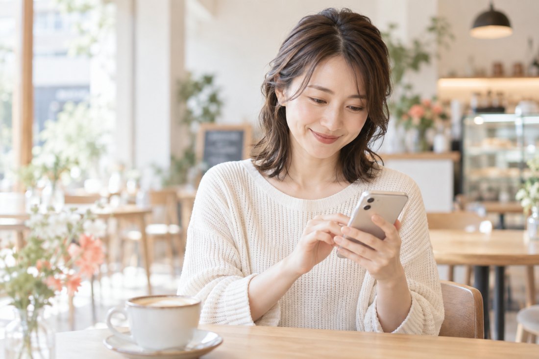 カフェでスマートフォンを使う女性の利用イメージ